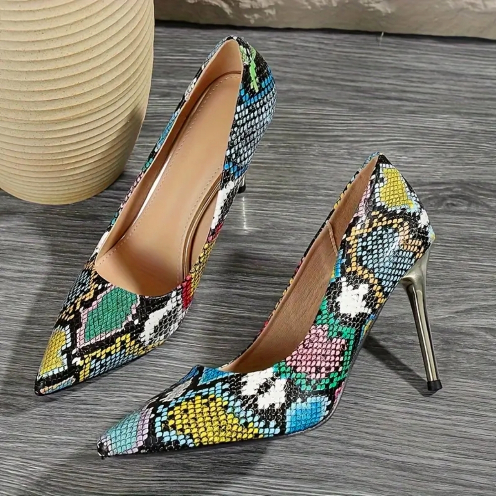 NEW! Multi-Colored Snakeskin Pattern Gold Stiletto Pointed Toe Heels 42